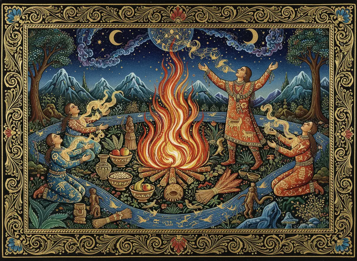 Feu crépitant dans un foyer de cérémonie chamanique, symbolisant l'énergie, la transformation et l'ouverture.