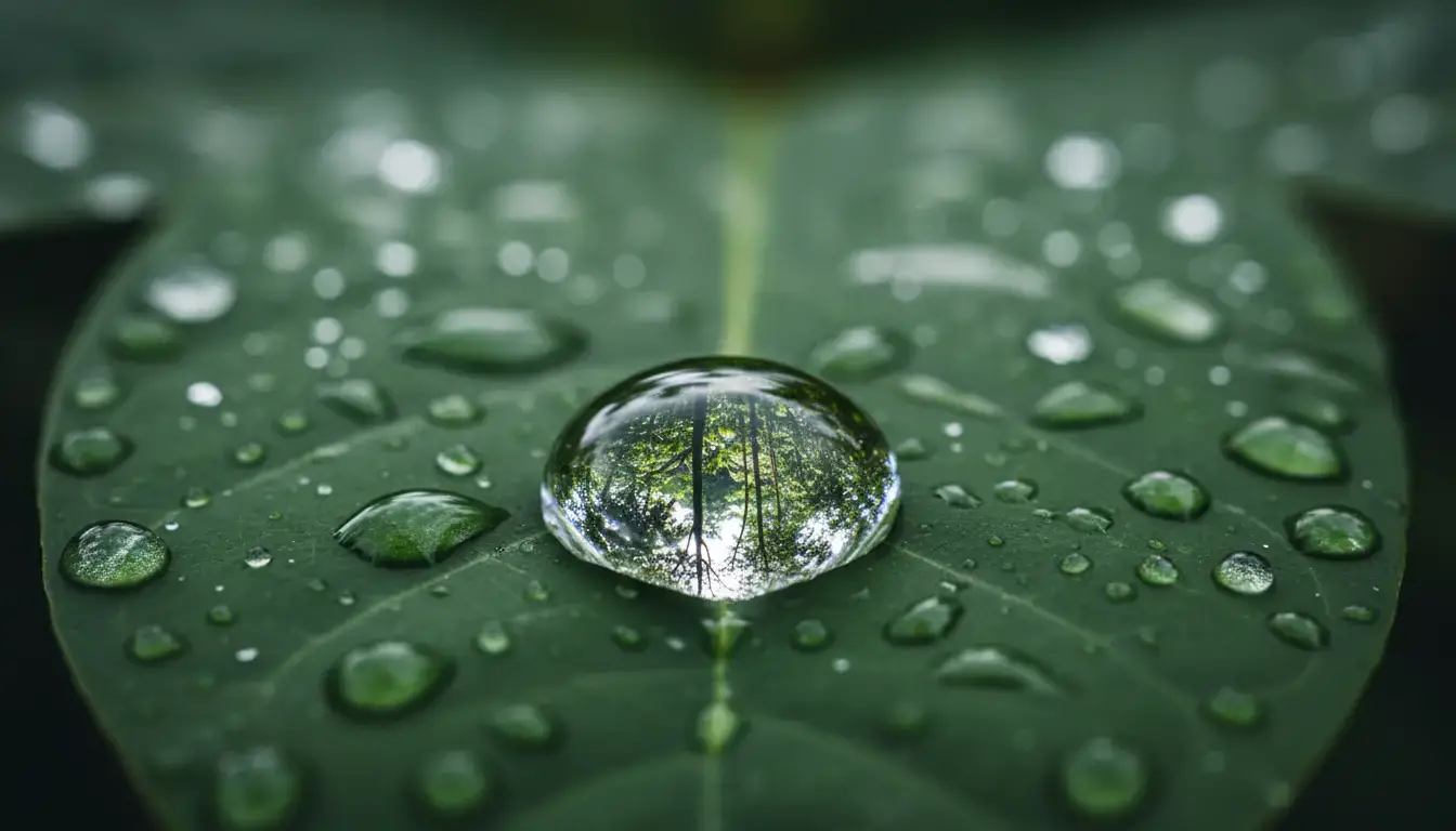 Gros plan sur une feuille de plante maîtresse amazonienne couverte de rosée, symbolisant l'esprit vivant de la plante.