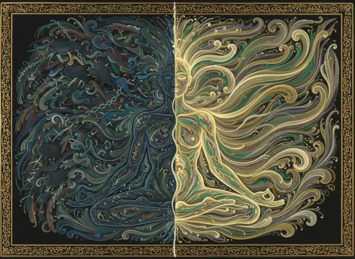 Schéma avant et après un soin chamanique montrant l'harmonisation de l'aura et des chakras