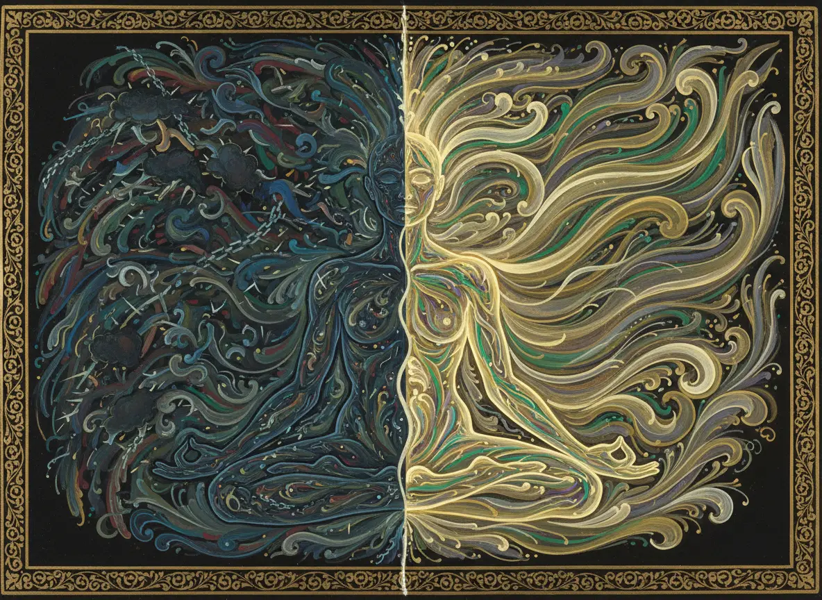 Illustration d'une aura avant et après un nettoyage énergétique chamanique.