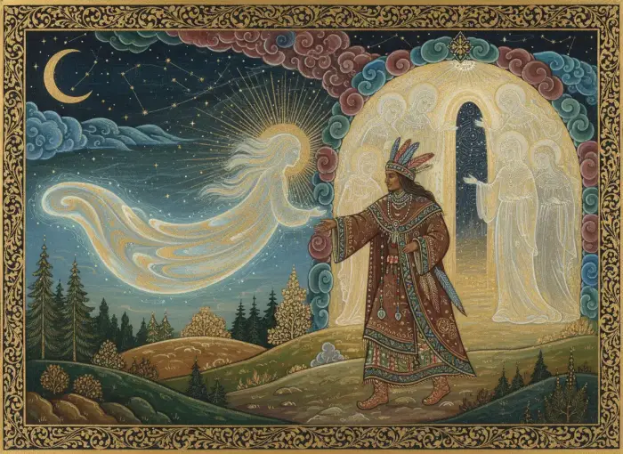 Un chaman accompagne avec compassion eine âme vers un tunnel de lumière.