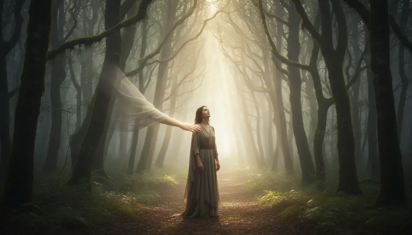 Personne au début d'un chemin brumeux symbolisant le parcours de libération et le nombre de séances chamaniques