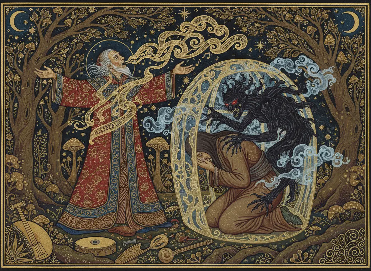 Représentation d'une extraction chamanique pour une libération énergétique.